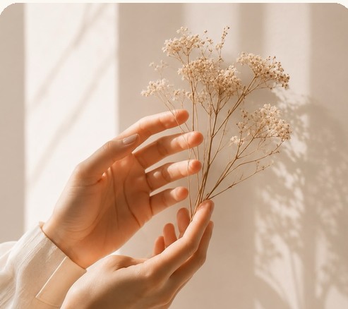 Mains tenant délicatement des fleurs séchées