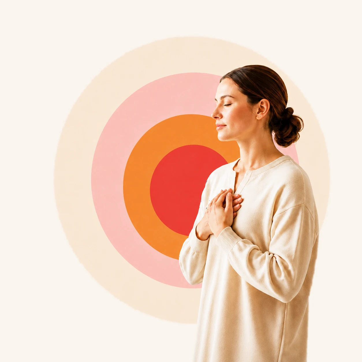 Femme en séance de sophrologie, les mains posées sur le cœur